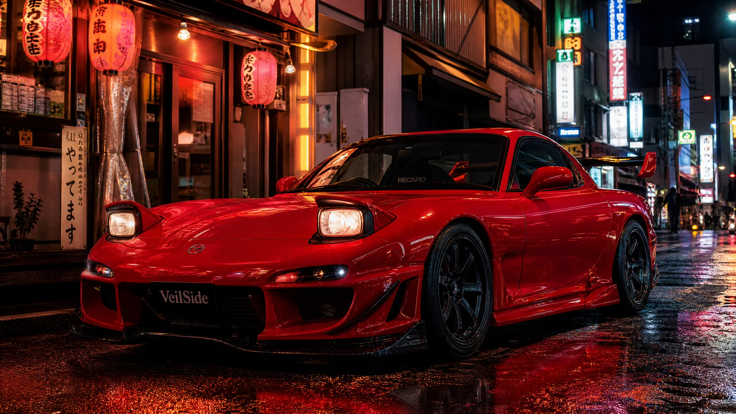 红色RX-7 FD改装车‌东京‌雨夜街头